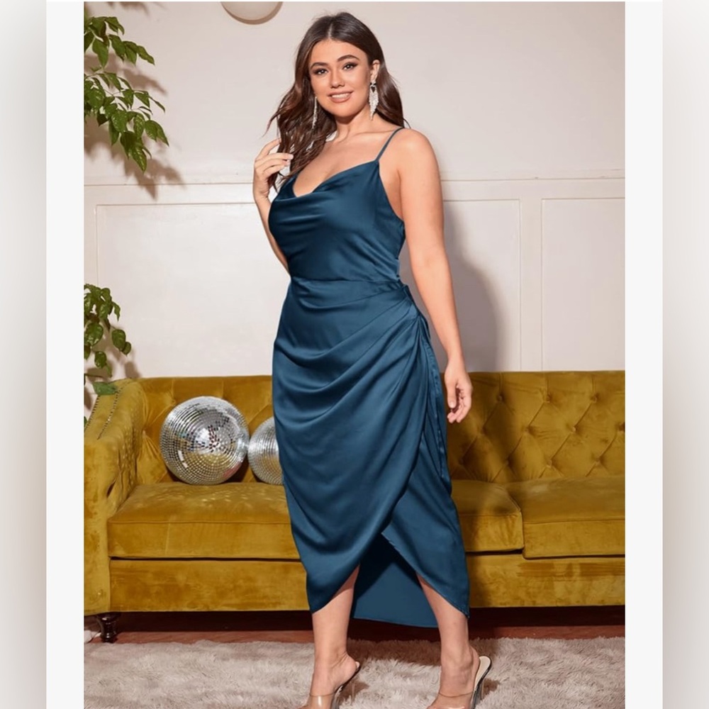 NWT Women’s teal satin plus size spaghetti strap cowl neck dress